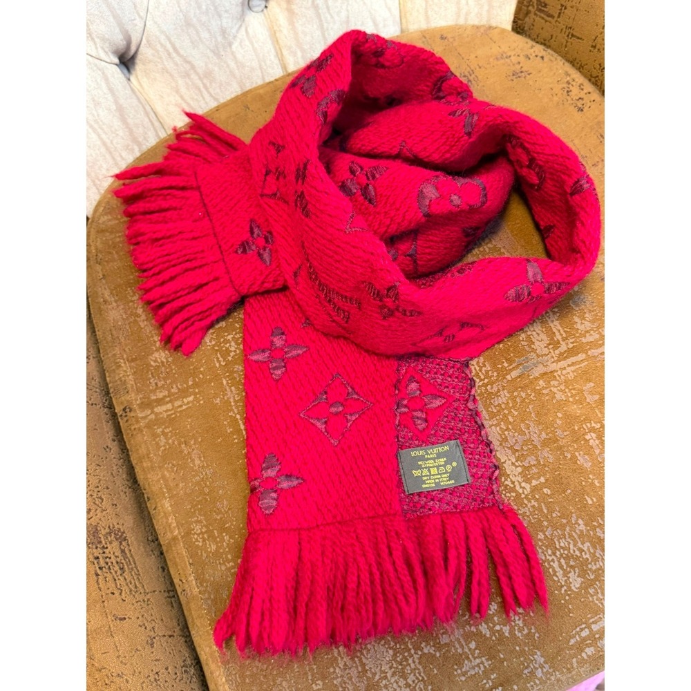 Louis Vuitton Logomania Scarf Ruby Red Wool Silk Monogram M70466 Italy